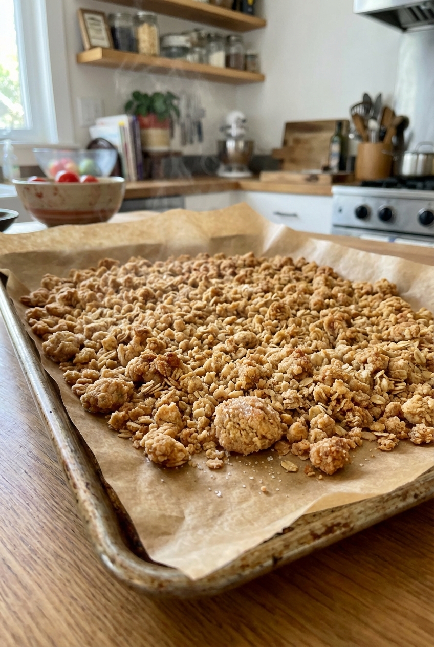 A parchment-lined baking sheet with golden crunchy crumble cooling