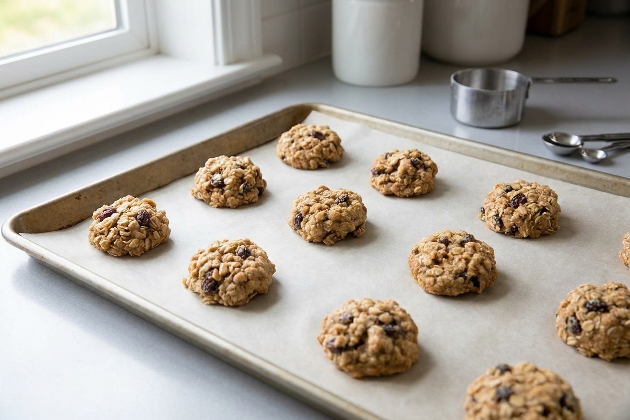 A parchment lined baking sheet with rounded mounds of oatmeal cookie dough spaced evenly, ready to bake on a kitchen counter