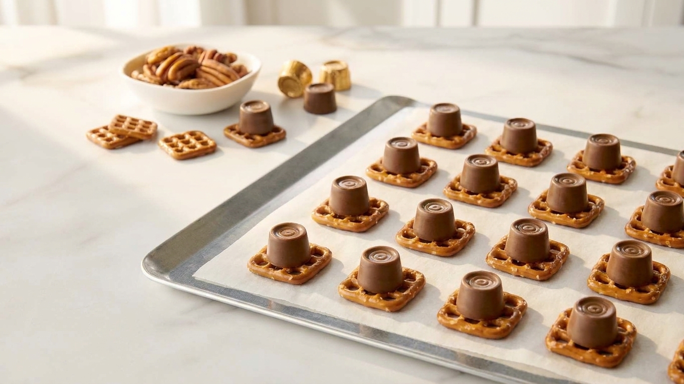 A parchment-lined baking sheet with square pretzels laid out in neat rows, each topped with an unwrapped Rolo candy