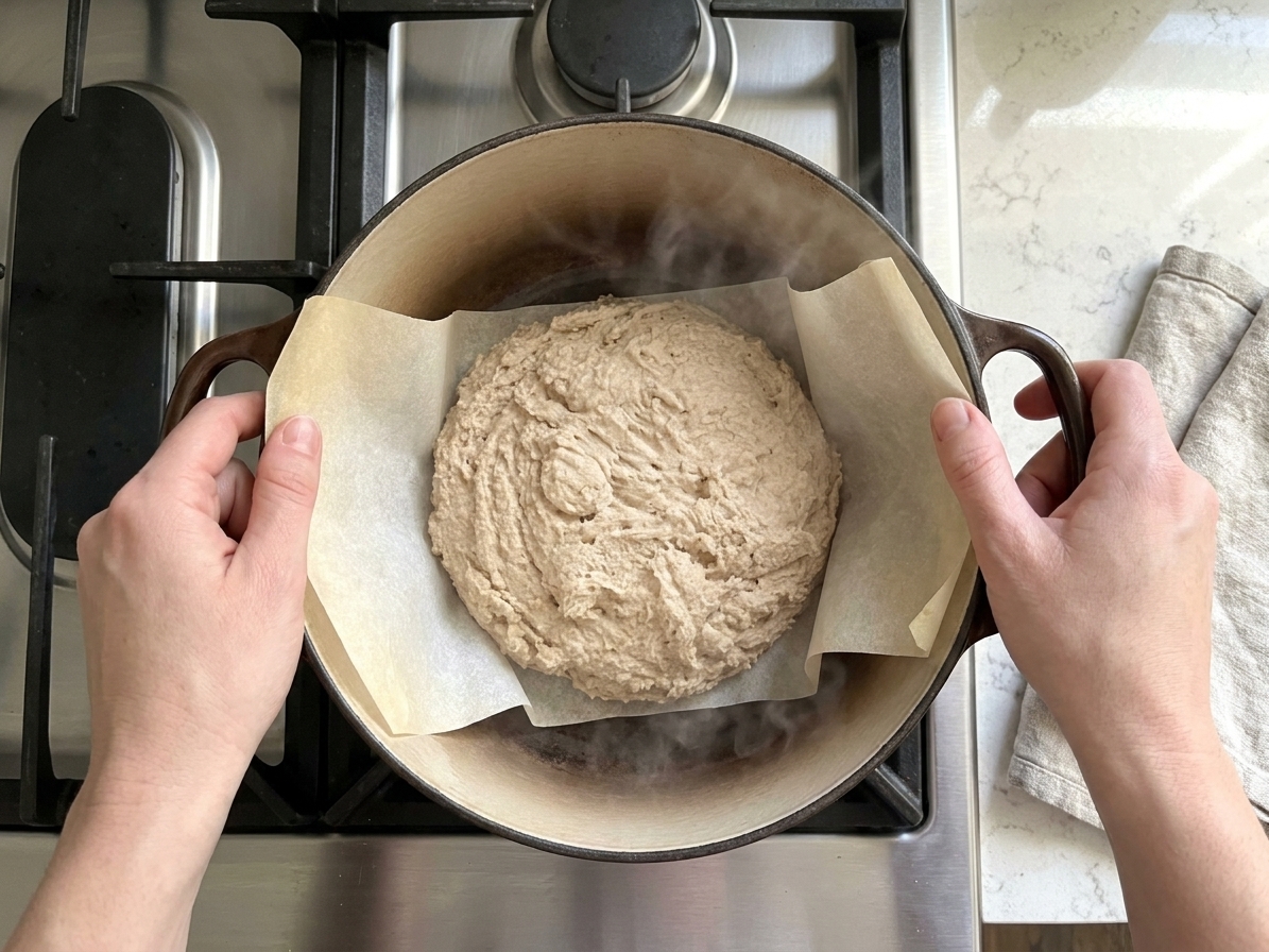 A parchment lined gluten-free sourdough loaf being lowered into a preheated cast iron Dutch oven on a stovetop