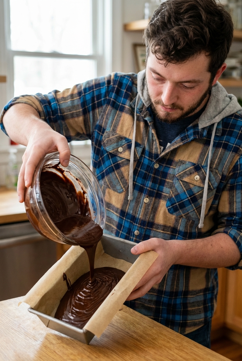 A parchment lined loaf pan as melted chocolate is poured in and tilted to coat the bottom evenly