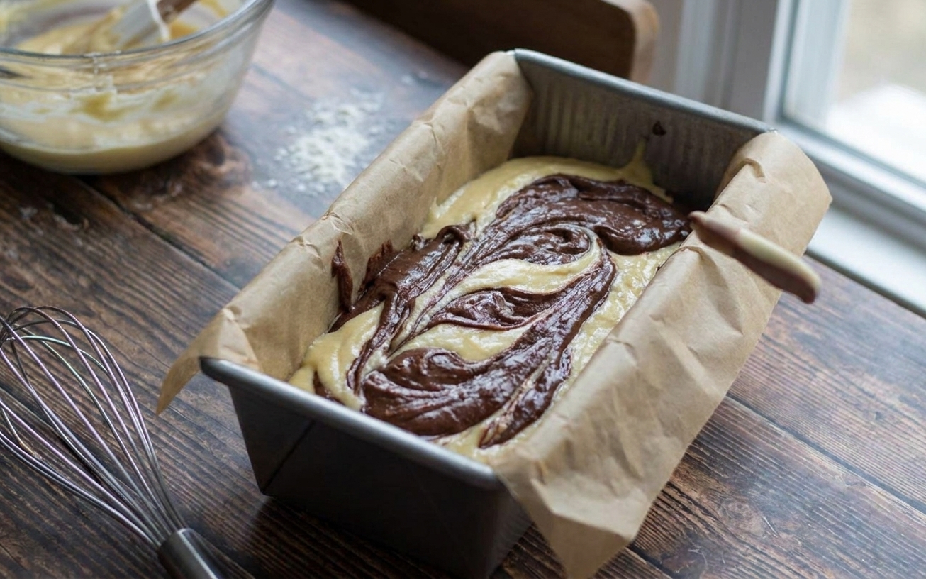 A parchment-lined loaf pan filled with layered vanilla and chocolate batter before baking on a bright kitchen counter