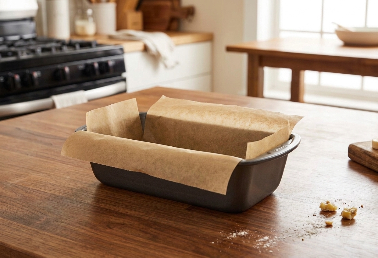 A parchment-lined loaf pan on a kitchen counter, ready for banana bread batter