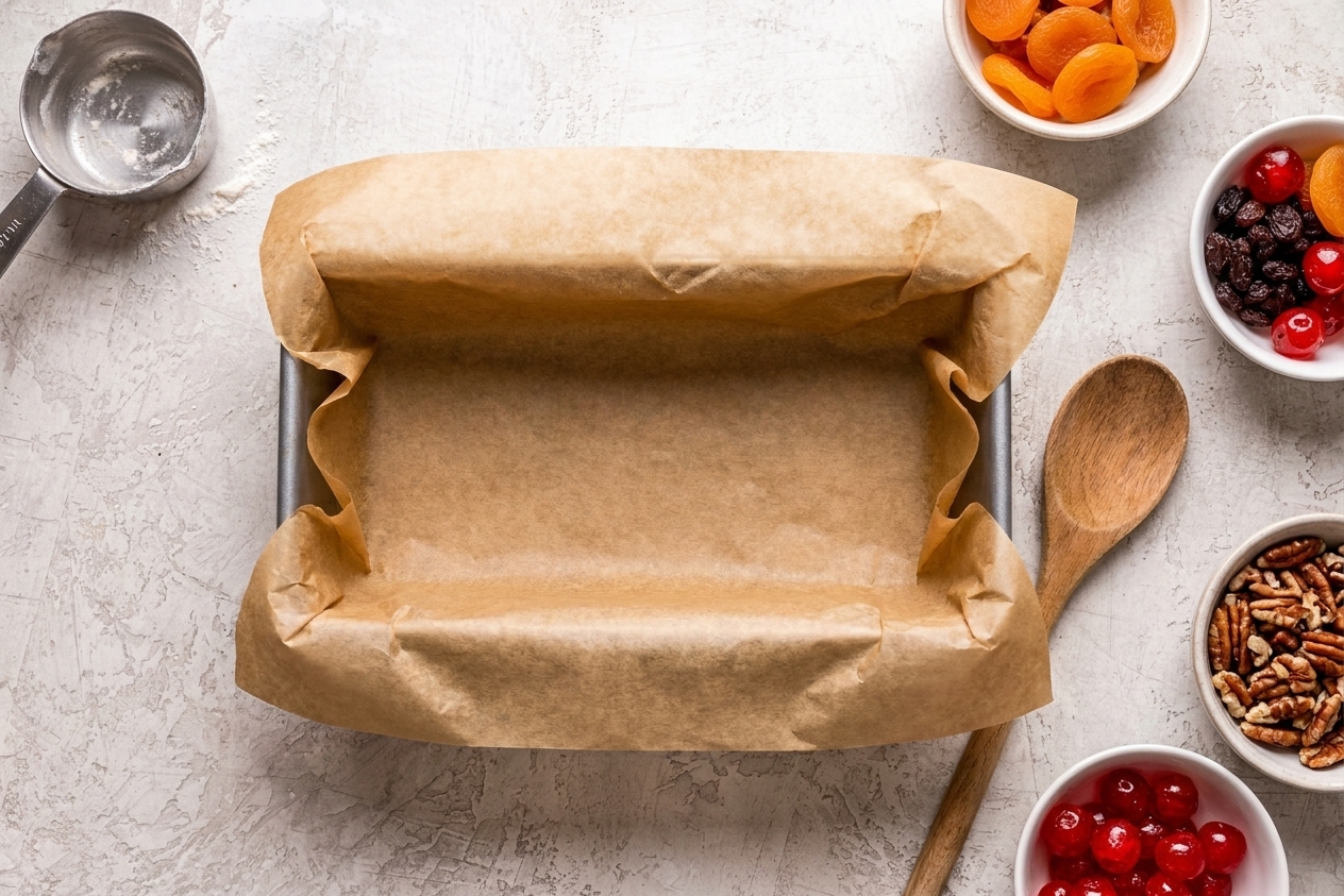 A parchment-lined loaf pan on a kitchen counter with parchment overhang ready for batter