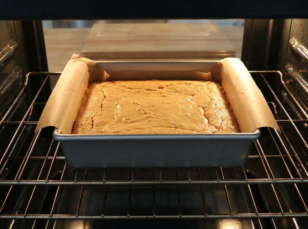 A parchment-lined pan of blondies baking on an oven rack, golden batter top beginning to set, warm oven light
