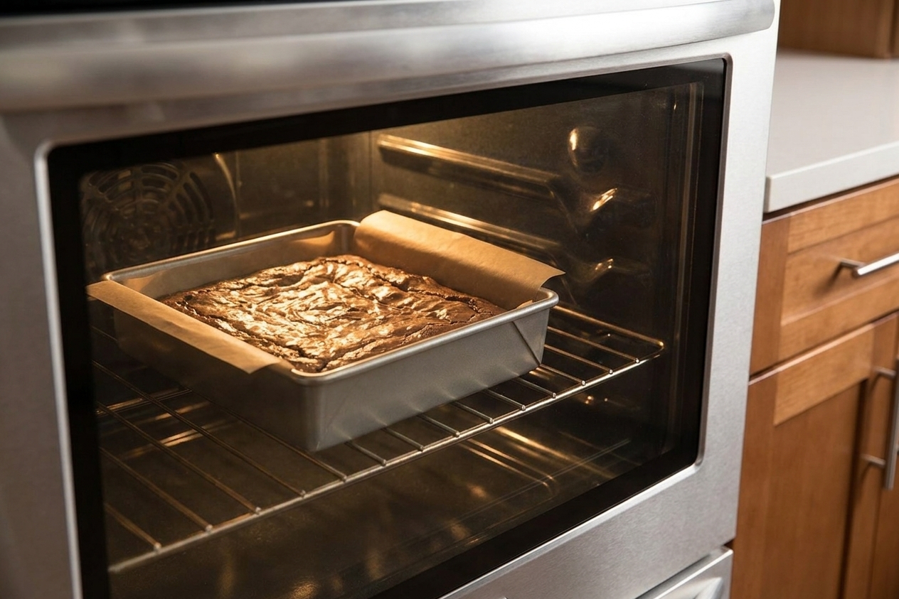 A parchment-lined pan of brownies baking on the middle rack of a home oven with the oven light on