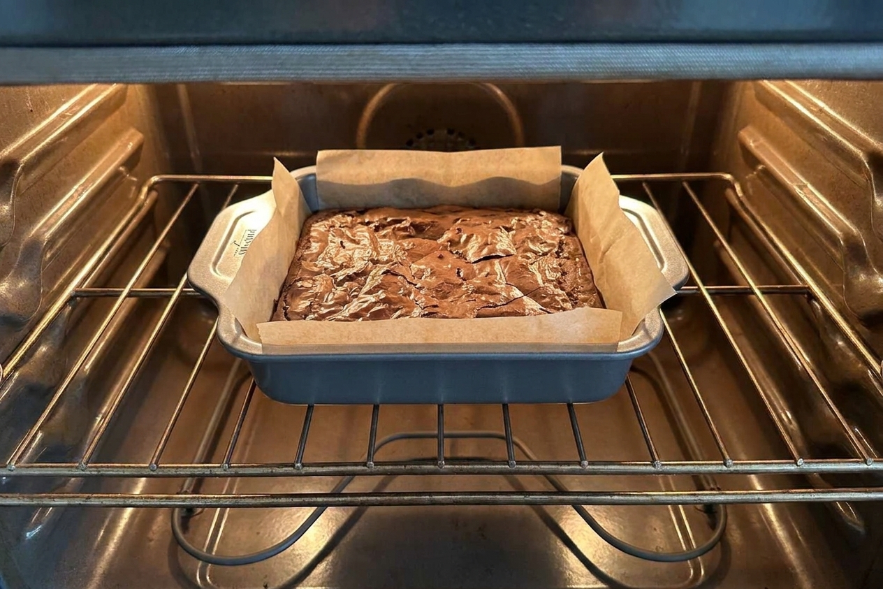 A parchment-lined pan of brownies baking on the middle rack of a home oven
