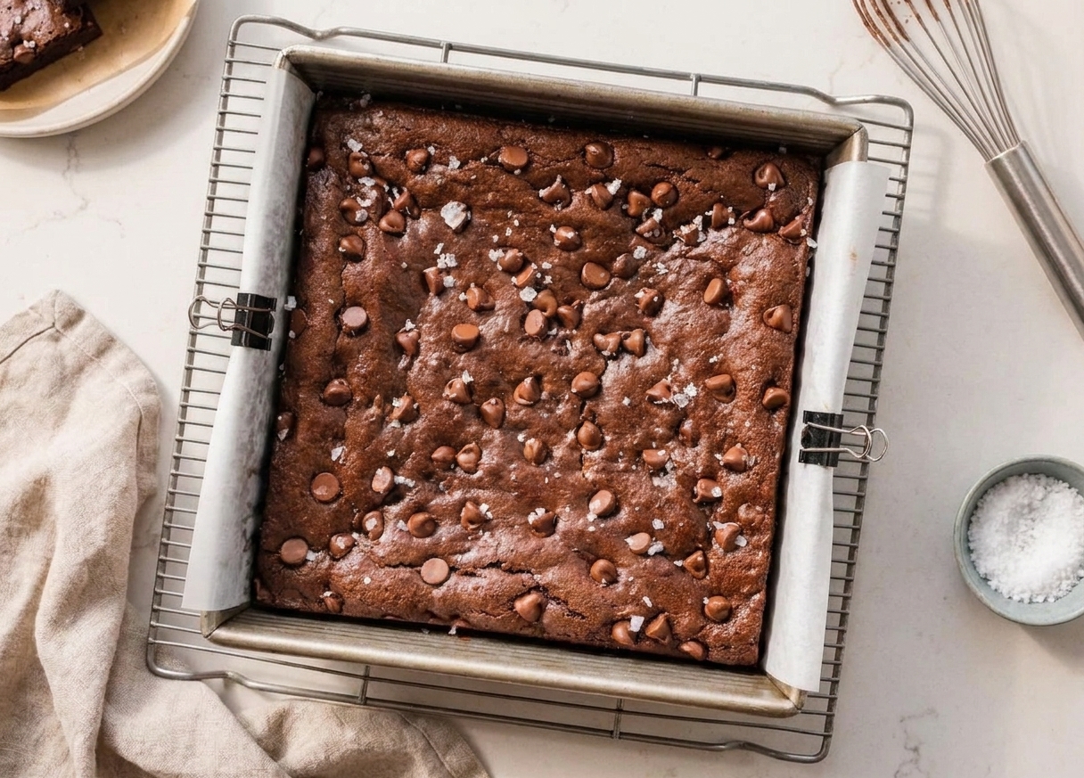 A parchment-lined pan of freshly baked brownies cooling on a wire rack in a home kitchen