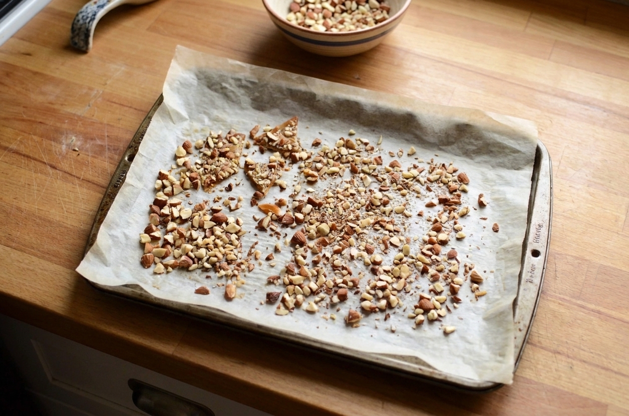 A parchment-lined rimmed baking sheet sprinkled evenly with chopped toasted nuts on a kitchen counter
