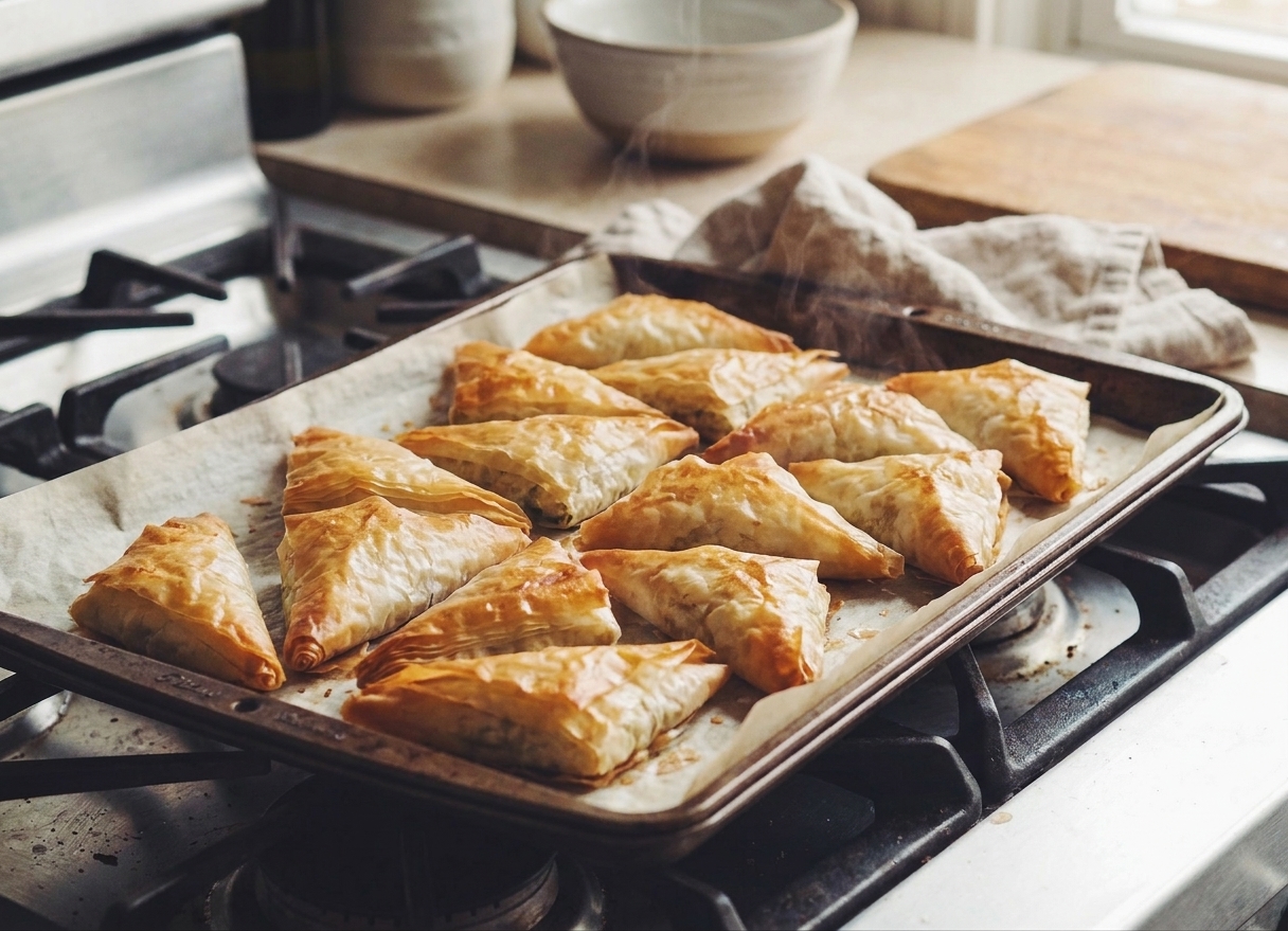 A parchment-lined sheet pan filled with baked golden phyllo triangles fresh from the oven on a stovetop