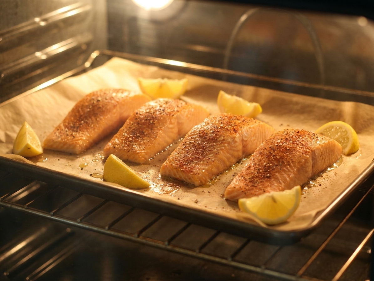 A parchment-lined sheet pan of salmon fillets baking on an oven rack with the oven light on