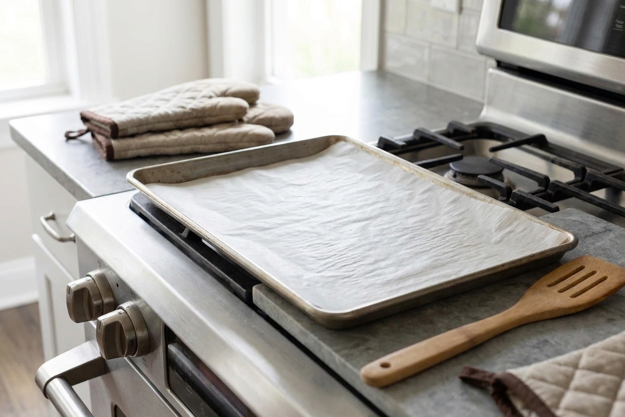 A parchment-lined sheet pan set on a kitchen counter next to the stove, ready for praline pecans to cool