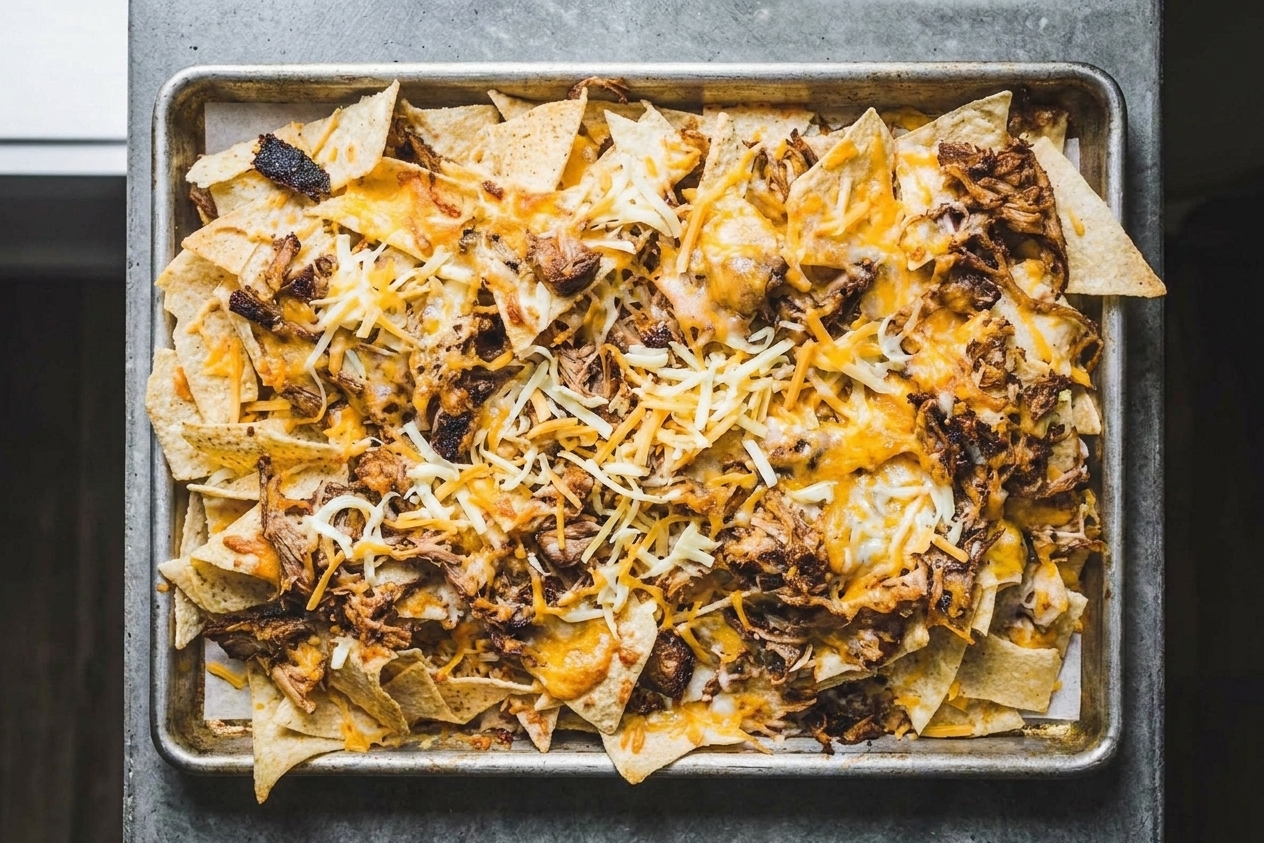 A parchment-lined sheet pan with tortilla chips layered with shredded cheese and pulled pork before baking, shot from above on a kitchen counter