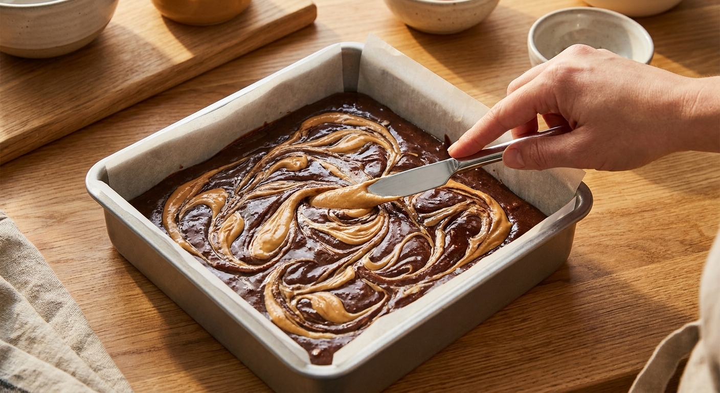 A parchment lined square baking pan filled with brownie batter as a hand swirls creamy peanut butter through the surface with a butter knife