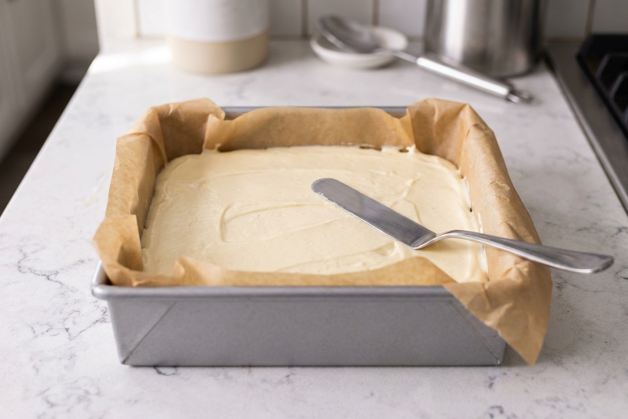 A parchment-lined square baking pan filled with smooth cheesecake batter on a kitchen counter before baking