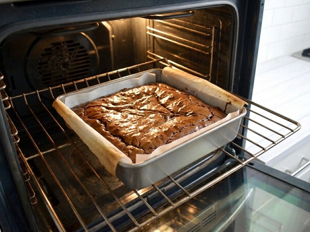 A parchment-lined square pan of brownies baking in the oven with a puffed, glossy top