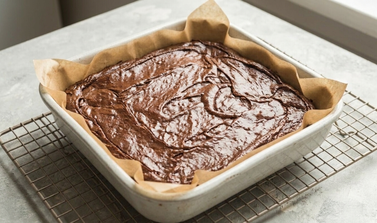 A parchment-lined square pan of freshly baked vegan brownies cooling on a wire rack on a kitchen counter