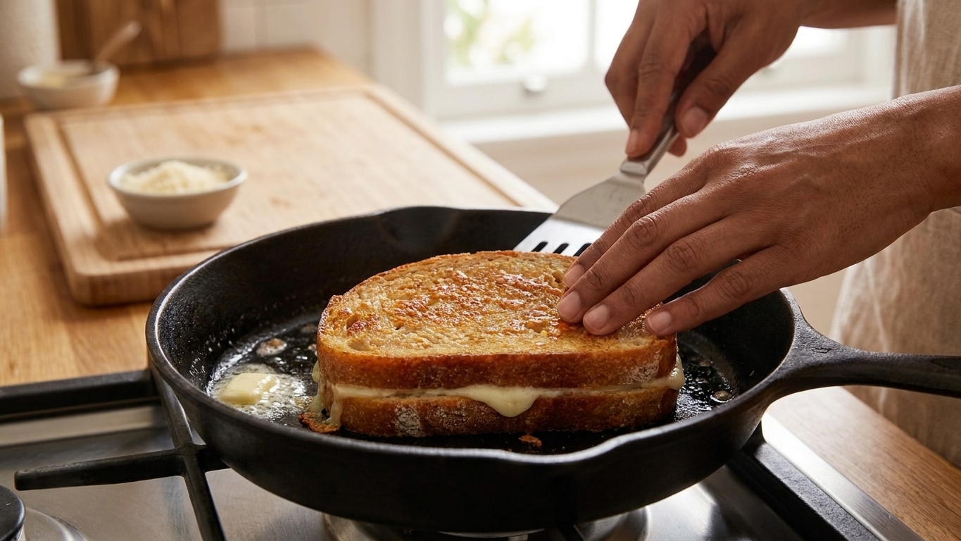 A parmesan-crusted grilled cheese sandwich cooking in a skillet with the bread turning golden and cheese beginning to melt