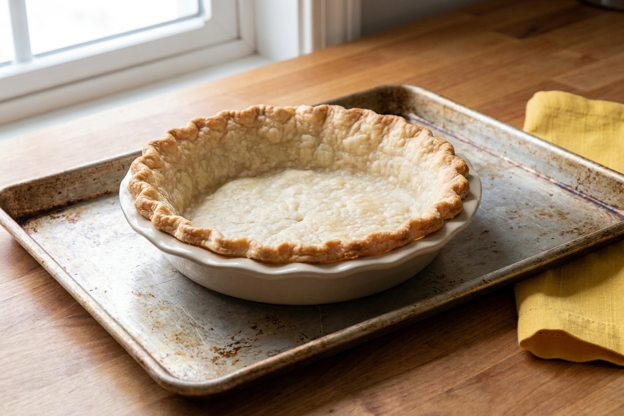 A partially baked pie crust in a ceramic pie dish on a baking sheet, golden around the edges on a kitchen counter