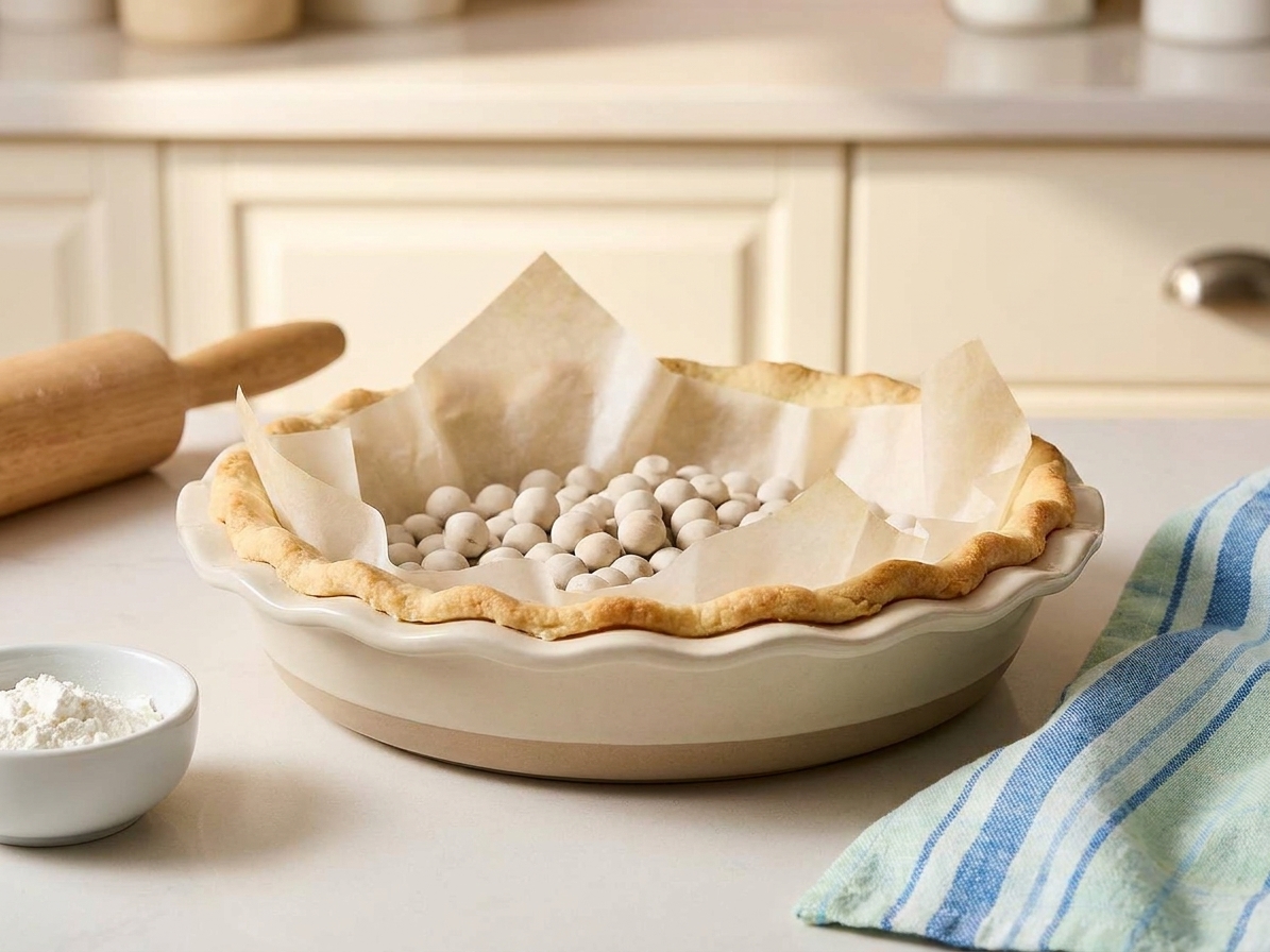 A partially baked pie crust in a ceramic pie dish with parchment paper and pie weights on a kitchen counter under warm light
