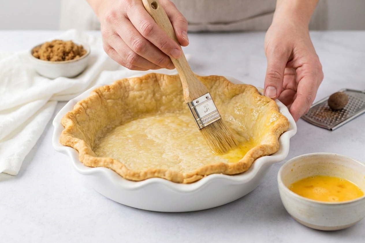 A partially baked pie crust in a ceramic pie dish being brushed with egg wash on a kitchen counter