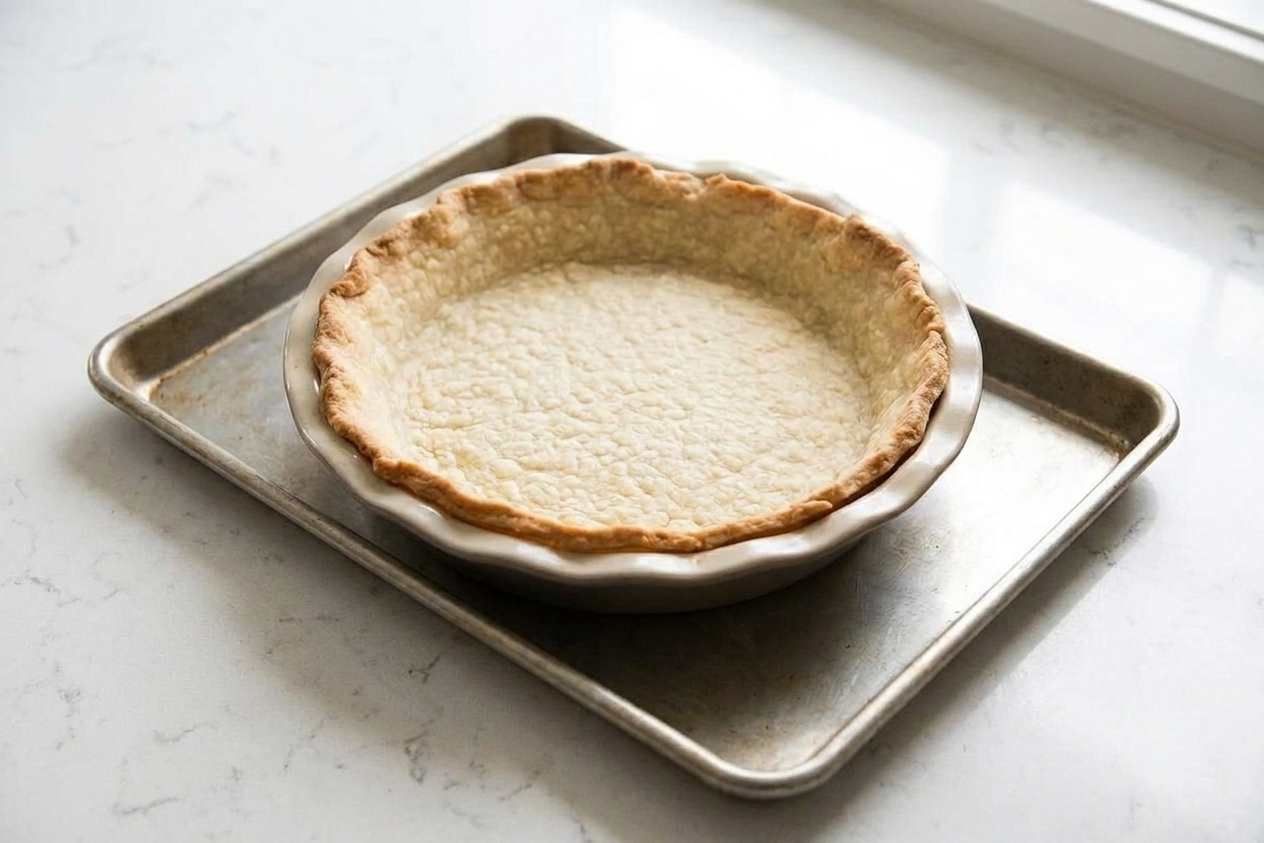 A partially baked pie crust in a glass pie dish on a baking sheet, with lightly golden edges and a pale center