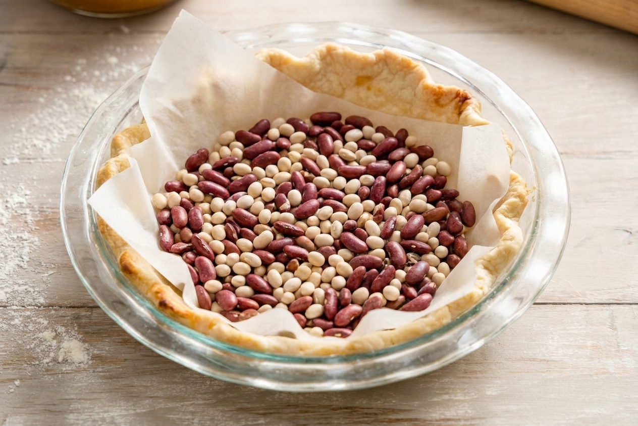 A partially baked pie crust in a glass pie dish on a kitchen counter with parchment paper and dried beans used as pie weights