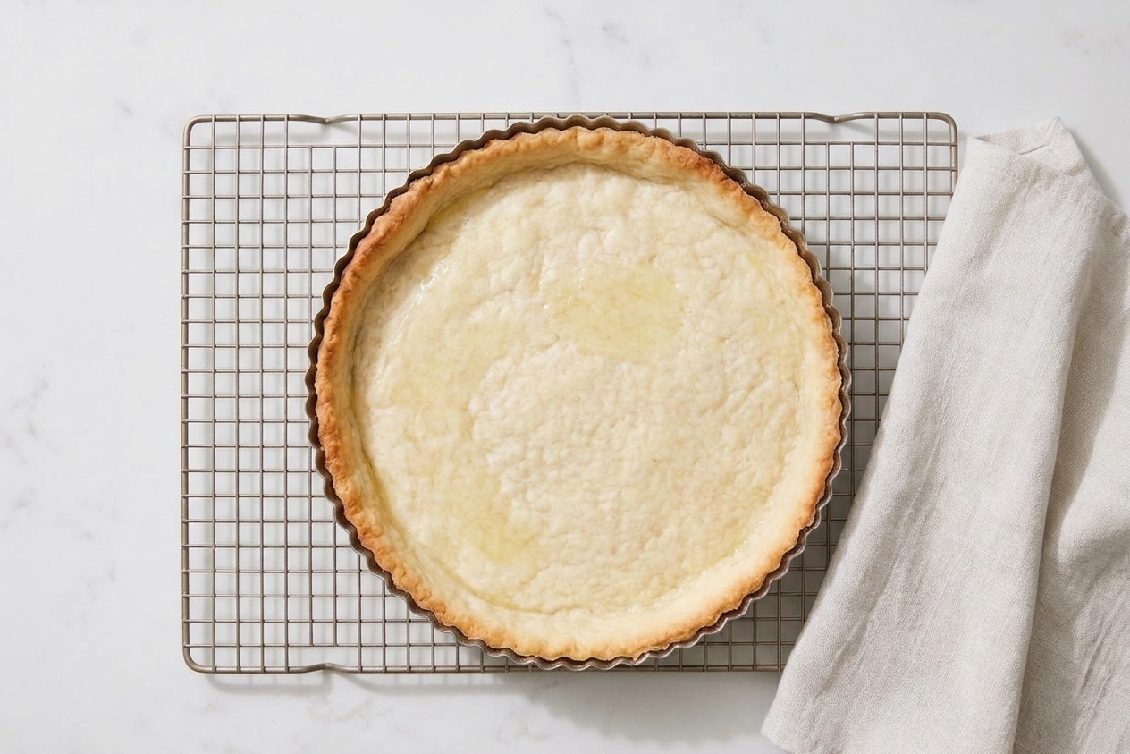 A partially blind-baked quiche crust cooling on a wire rack on a home kitchen counter