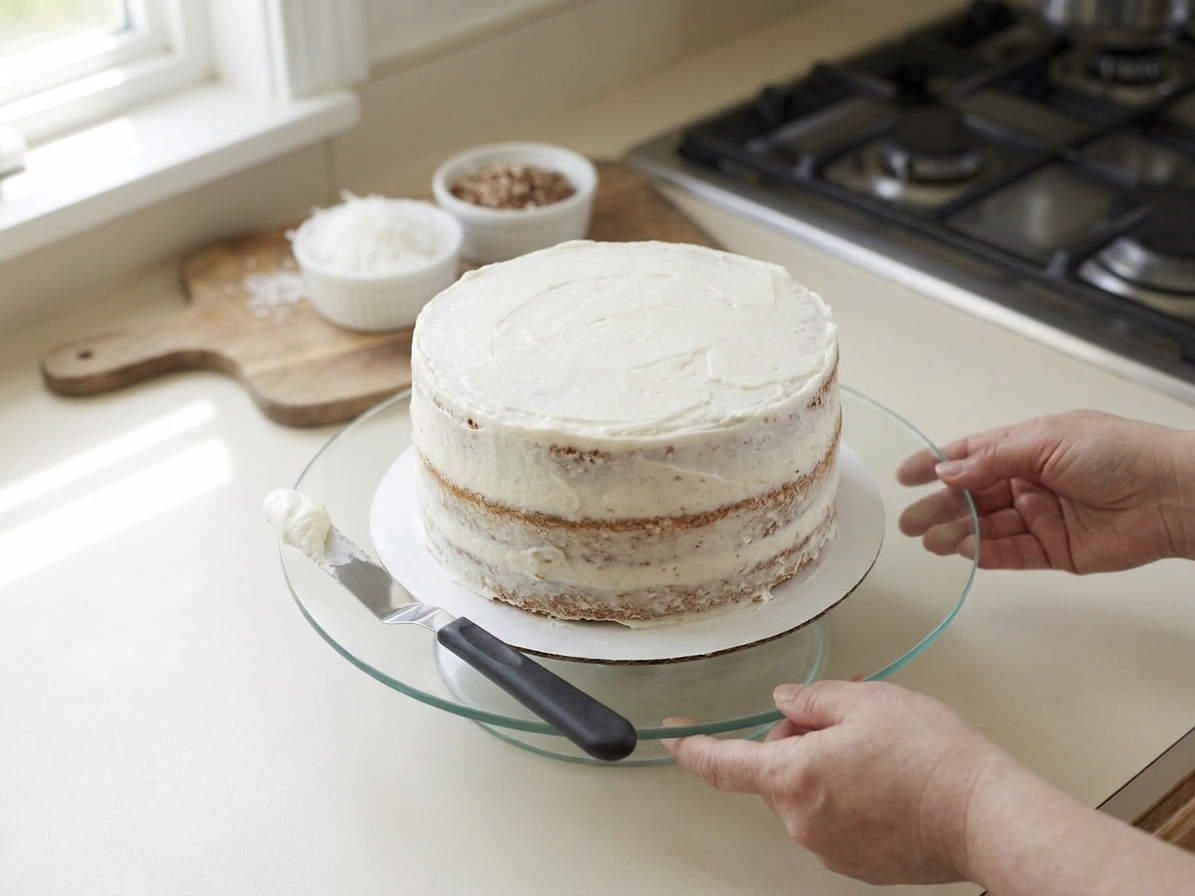 A partially frosted layer cake with a thin crumb coat of cream cheese frosting, sitting on a rotating cake stand