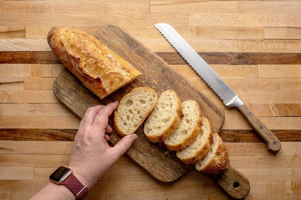 A partially sliced baguette on a wooden cutting board with scattered crumbs and a serrated bread knife