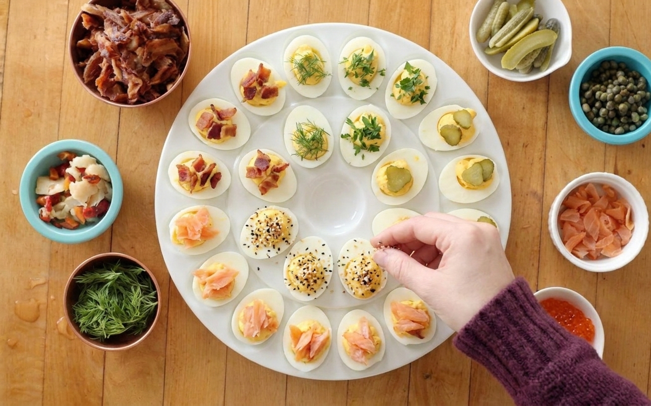 A party platter of deviled eggs with assorted toppings like bacon, herbs, pickles, everything seasoning, and smoked salmon arranged in sections
