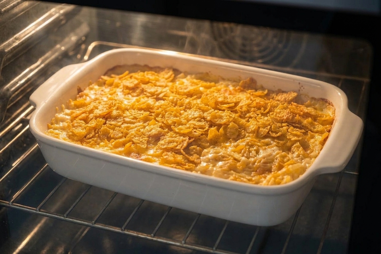 A party potatoes casserole baking in an oven with a golden cornflake topping and bubbling edges