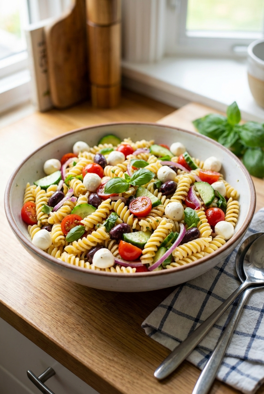 A pasta salad tossed in a large bowl with visible basil leaves and mozzarella pearls