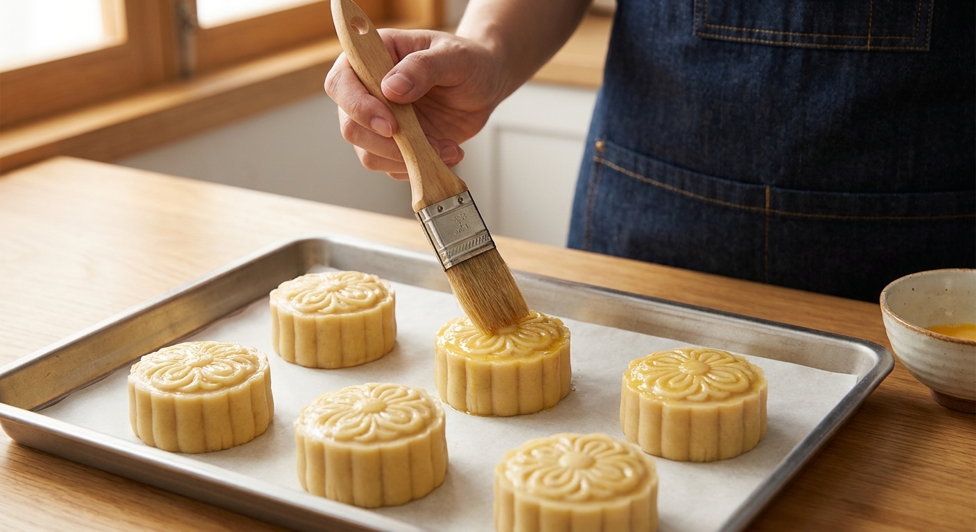 A pastry brush applying a thin egg wash to stamped mooncakes on a baking sheet