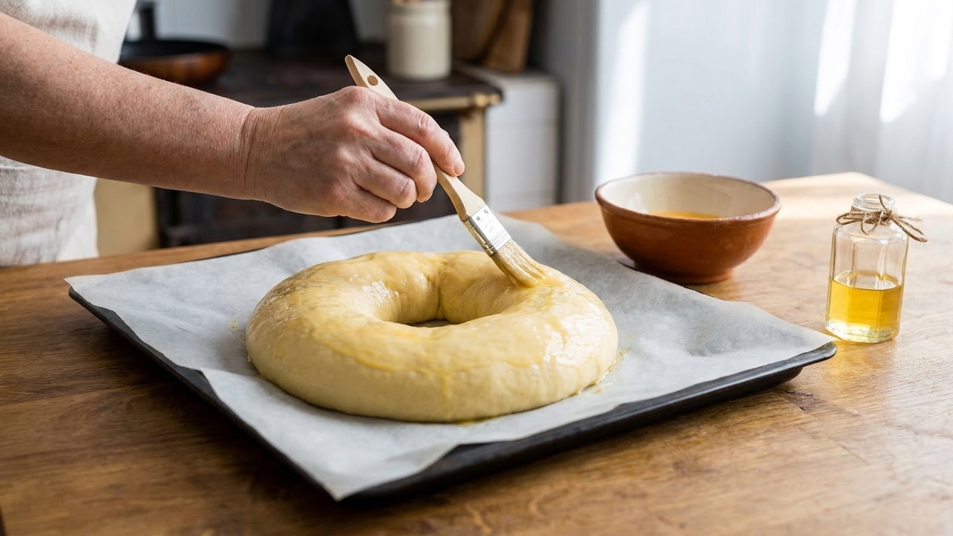 A pastry brush applying egg wash to a ring-shaped roscón dough on a parchment-lined baking sheet