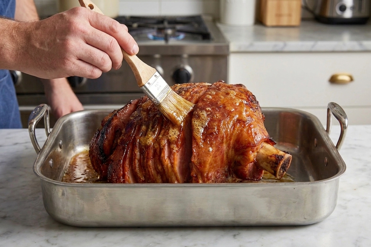A pastry brush applying thick honey glaze over a browned ham surface in a roasting pan