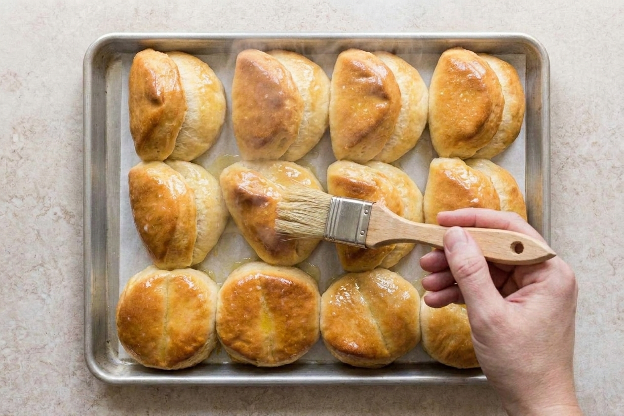 A pastry brush brushing melted butter over freshly baked Parker House rolls in the pan, golden tops steaming