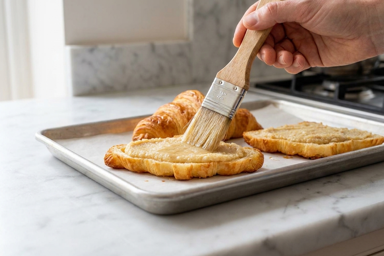 A pastry brush brushing syrup onto the cut side of a croissant on a parchment-lined baking sheet