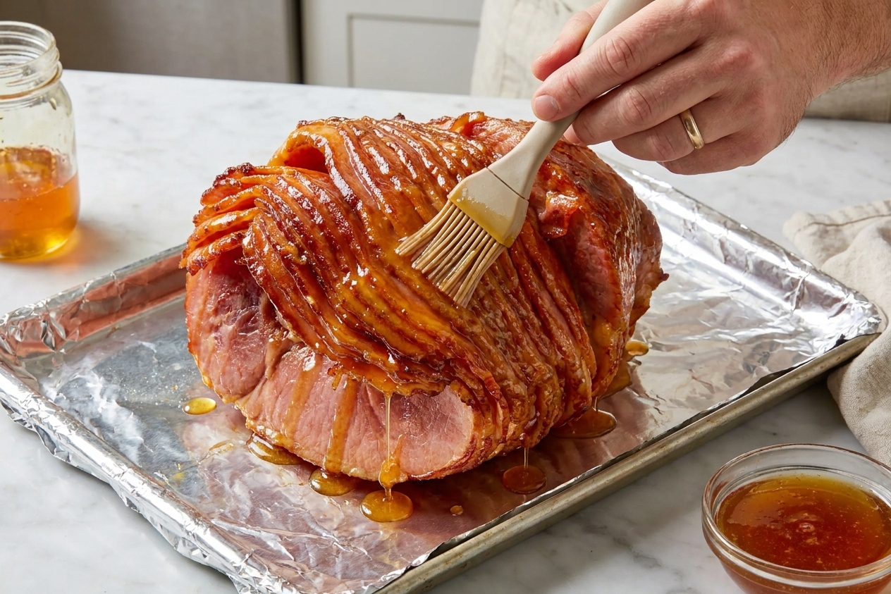 A pastry brush coating a spiral sliced ham with shiny honey glaze on a foil lined baking sheet
