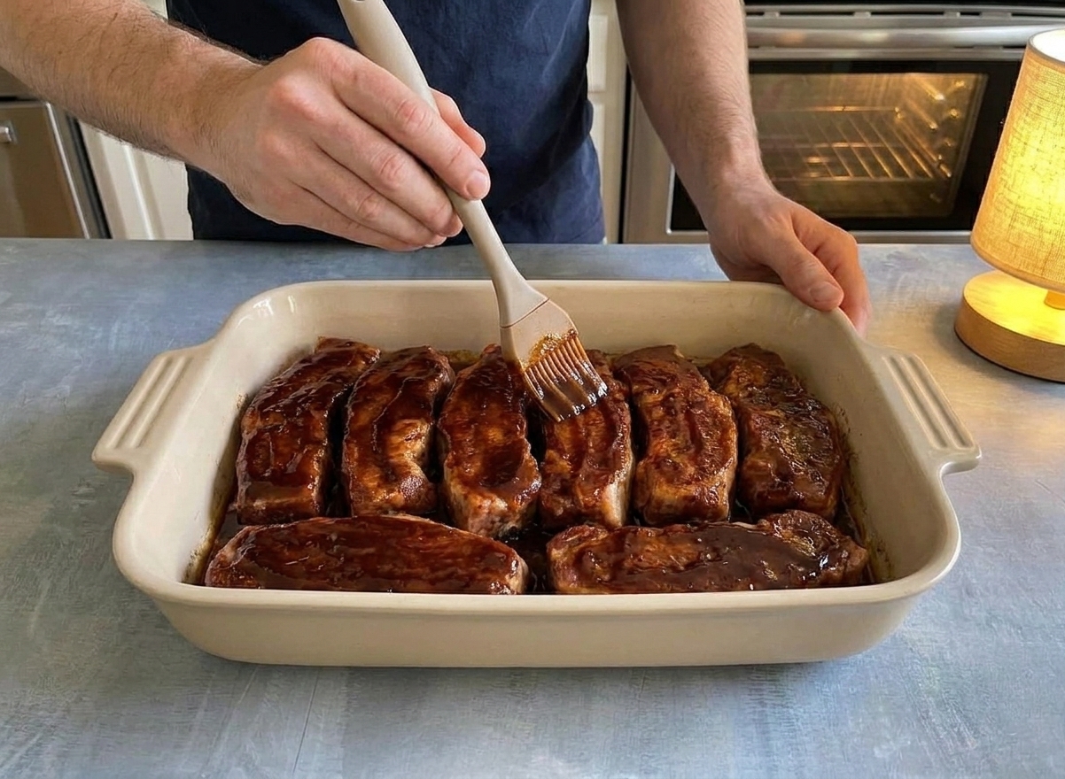 A pastry brush coating country style ribs with barbecue sauce in a baking dish right before finishing them uncovered