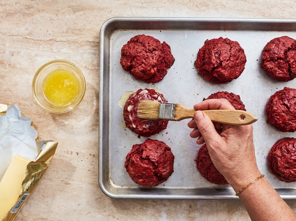 A pastry brush coating hot red velvet biscuits with melted butter on a baking sheet