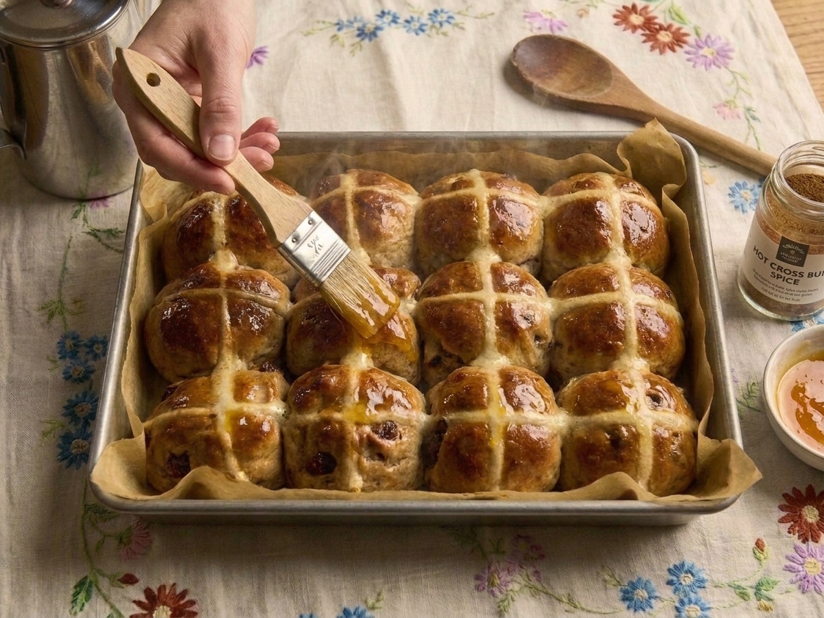 A pastry brush glazing warm hot cross buns with a shiny apricot glaze in a baking pan