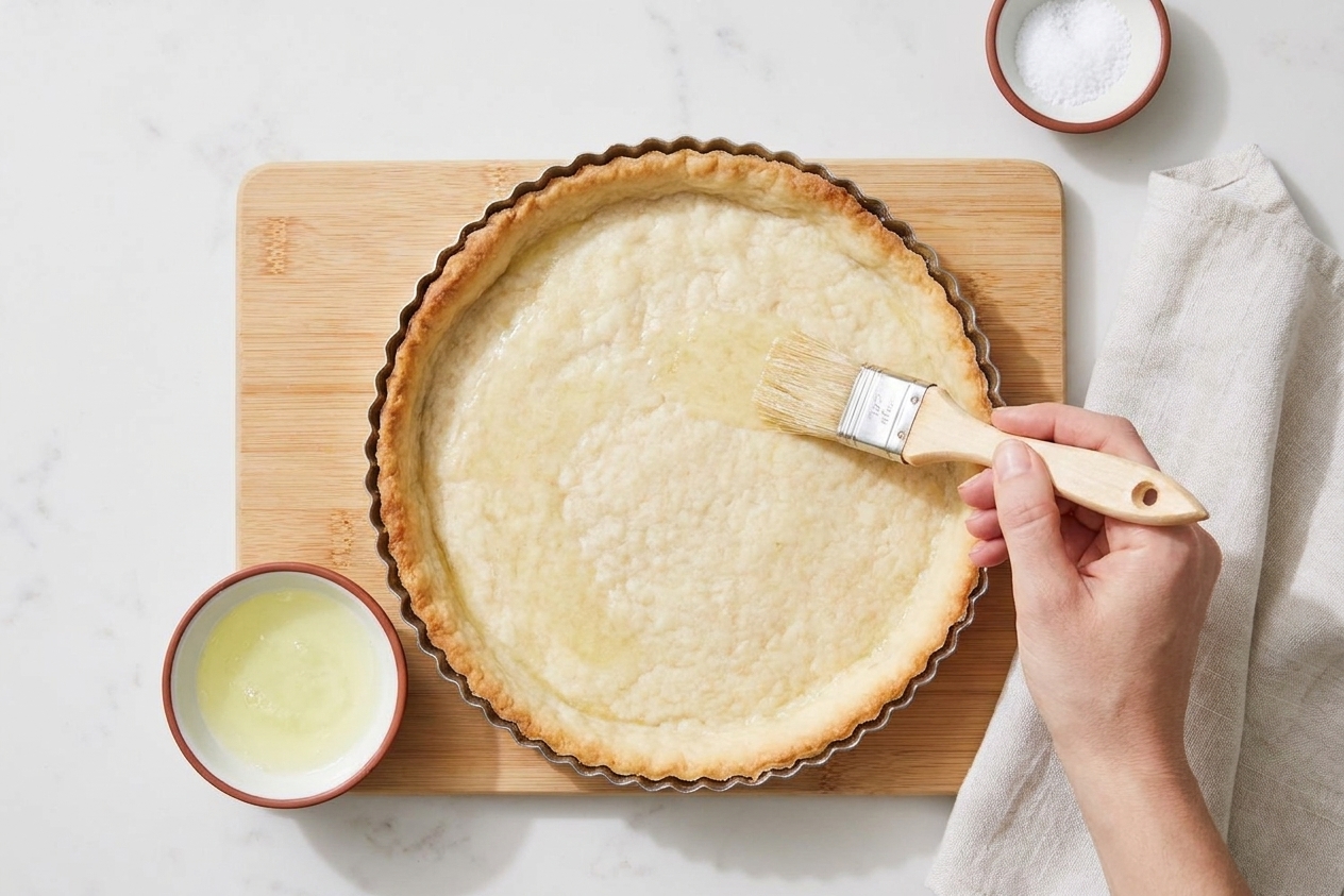 A pastry brush lightly brushing egg white onto a warm partially baked quiche crust to help seal the bottom
