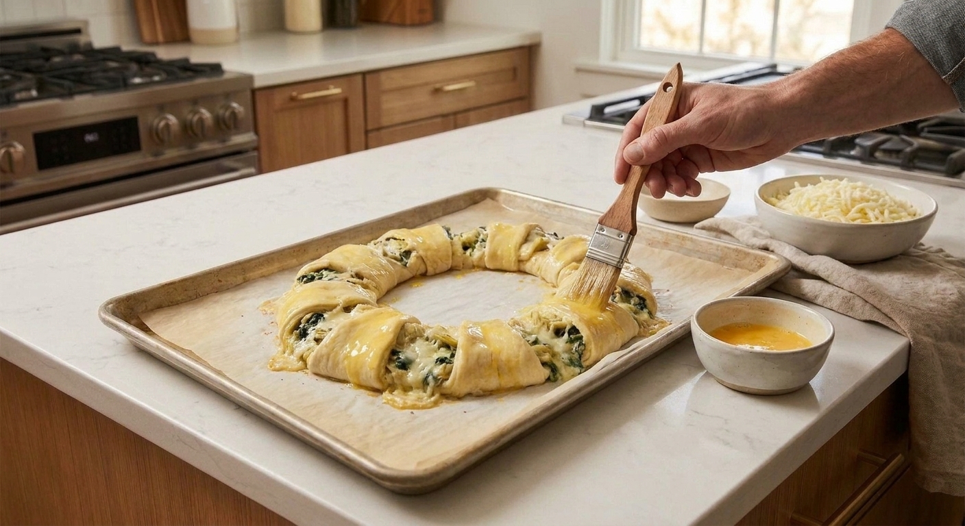 A pastry brush painting beaten egg over the surface of a crescent roll ring before baking, with shredded mozzarella nearby on the counter