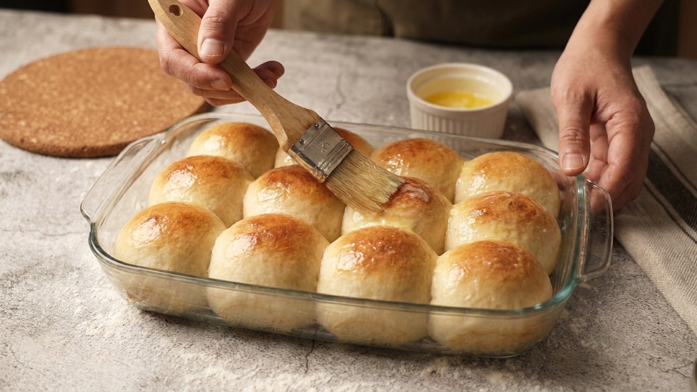 A pastry brush spreading butter over freshly baked golden dinner rolls in the baking dish