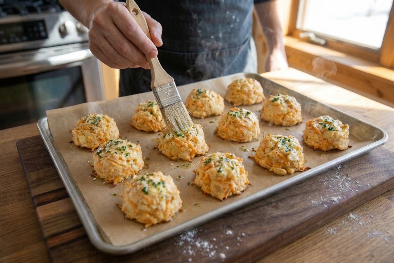 A pastry brush spreading garlic herb butter over hot cheddar biscuits on a baking sheet, biscuits steaming slightly