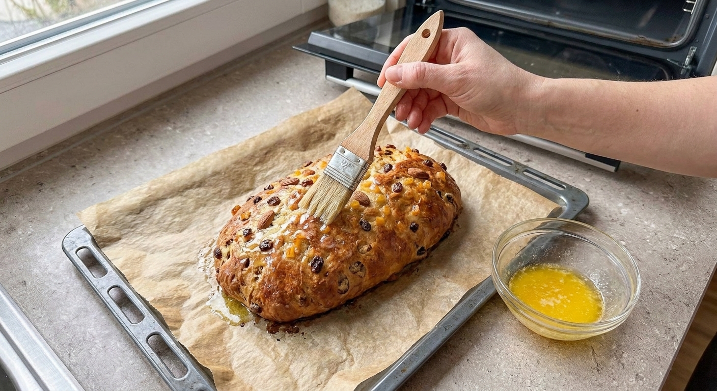 A pastry brush spreading melted butter over a warm baked stollen loaf on a parchment-lined baking sheet