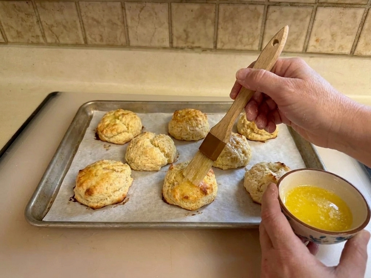 A pastry brush spreading melted butter over freshly baked golden biscuits on a sheet pan