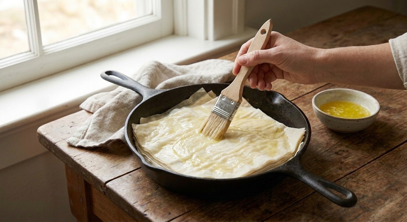 A pastry brush spreading melted butter over layered phyllo dough in a skillet before baking