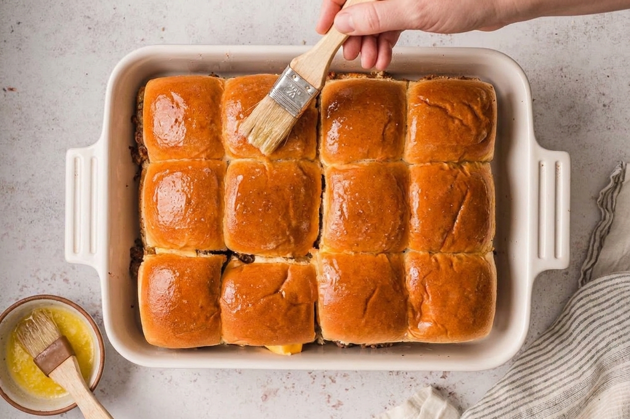A pastry brush spreading melted butter over the tops of slider rolls in a baking dish before baking, with a small bowl of butter nearby